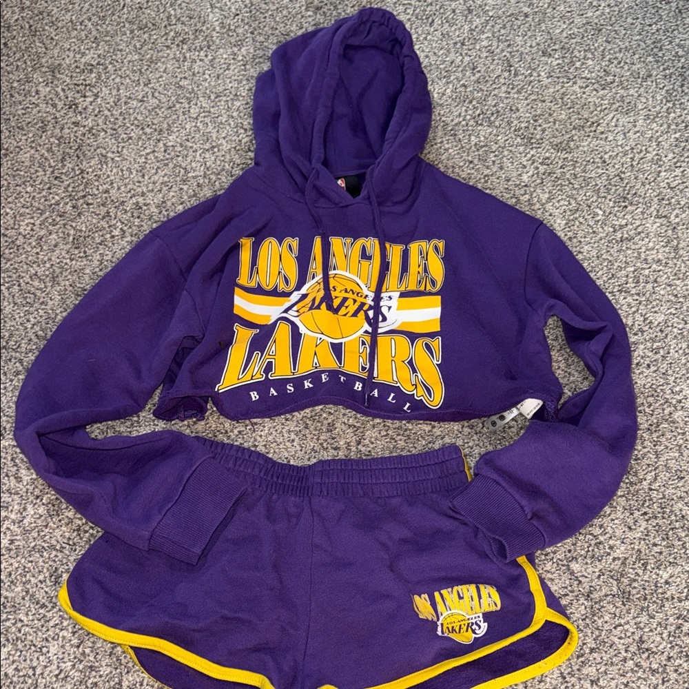 NBA Purple & Yellow Los Angeles Lakers Cropped Hoodie and Shorts Set